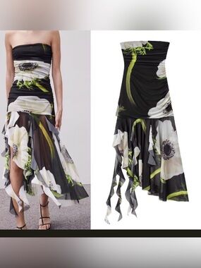 Zara Black Floral Strapless Ruffle Dress